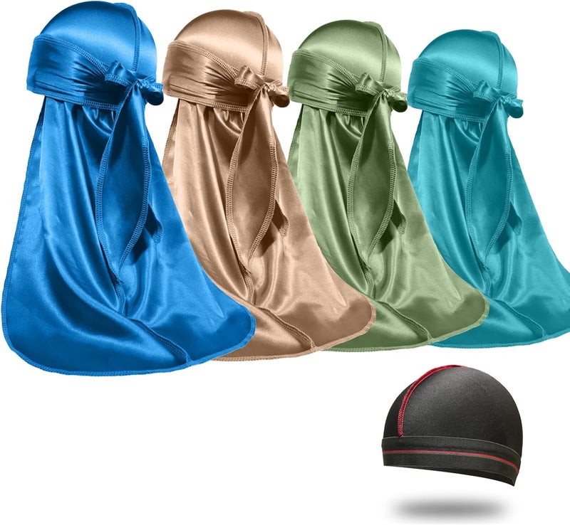 ForceWave 4PCS Silky Durags for Men Women 360 Waves with 1 Wave Cap, Silky Satin Durag Extra Long Tails - Image 1